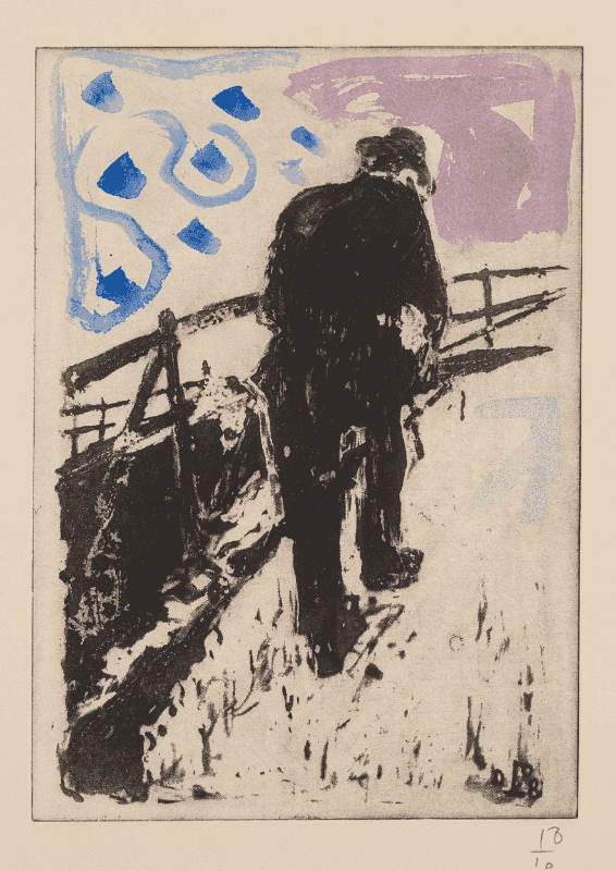 Billy Childish, ‘Man Walking Up A Snowy Slope’, 2010, Print, Etching with hand-coloring, on Somerset paper, with full margins, with accompanying linocut with letterpress poem with artist's stamp, null, Numbered