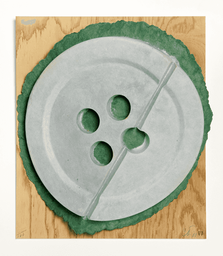 Claes Oldenburg, ‘Broken Button’, 1981, Sculpture, Dyed and cast paper, screenprint on board, wood, Plexiglas, null, Numbered, Dated