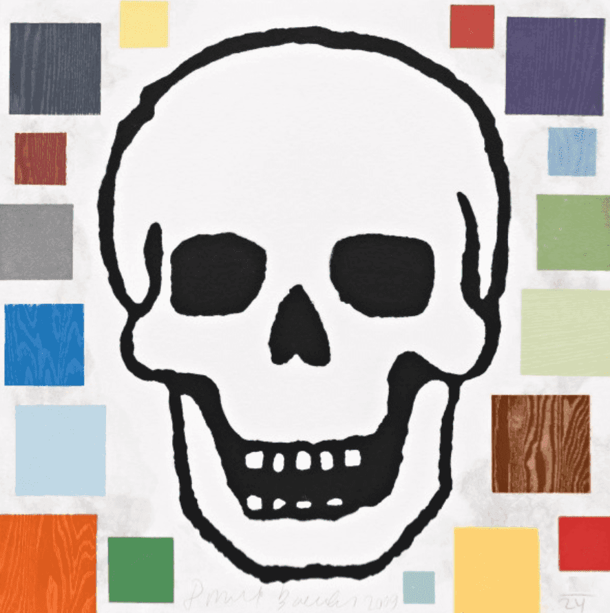 Donald Baechler, ‘Abstract Composition with Skull’, 2009, Print, Woodcut, pigmented linen and cotton pulp in 27 colors, Pace Editions, Numbered, Dated