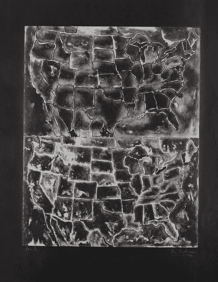 Jasper Johns, ‘Two Maps II’, 1966, Print, Lithograph, on Japanese paper laid to black Fabriano paper (as issued), with margins (trimmed on the left and right), null, Numbered, Dated