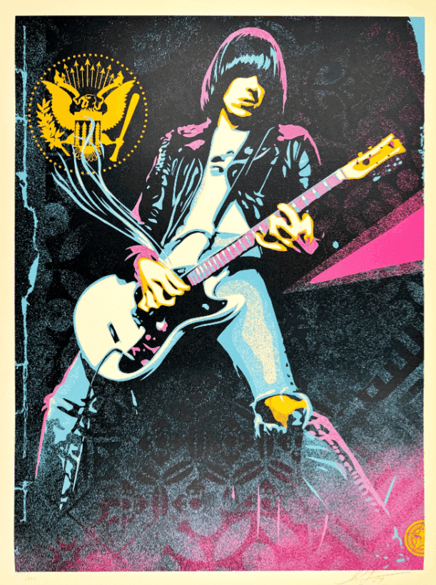 Shepard Fairey (Obey), ‘Johnny Ramone Smokin' Strings’, 2024, Print, Screen print on thick cream Speckletone pape, Self Released, Numbered