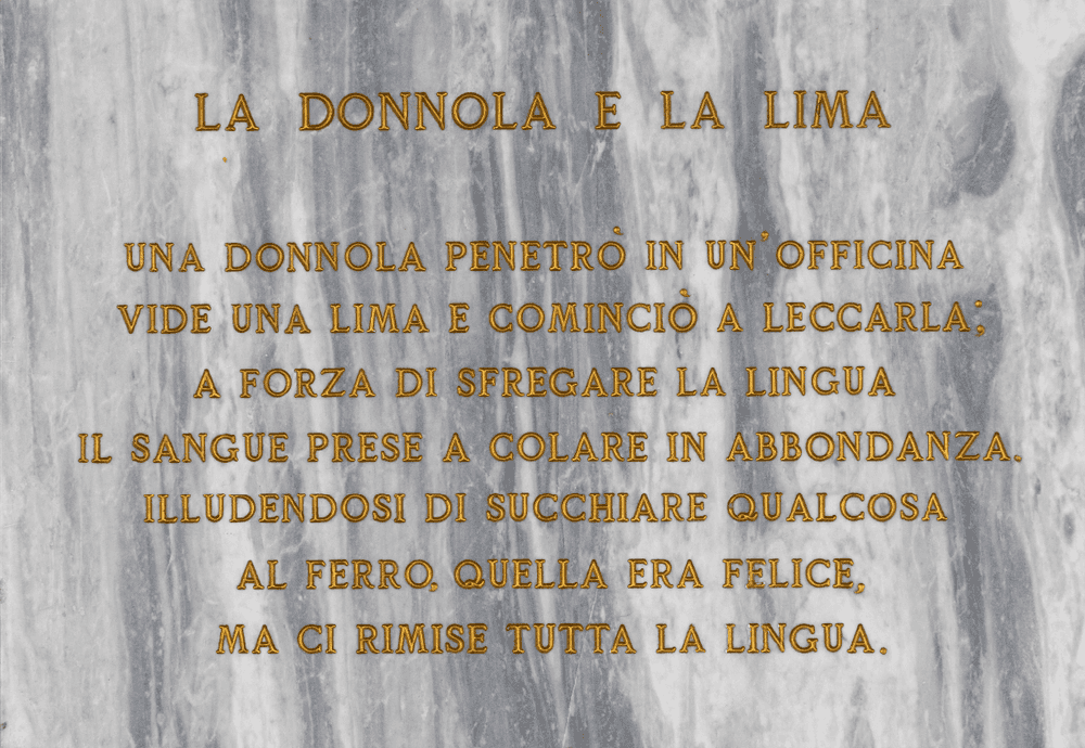 Salvo, ‘ La Donnola e la Lima ’, 1972, Sculpture, Engraved and painted marble slab, null, Numbered, Dated