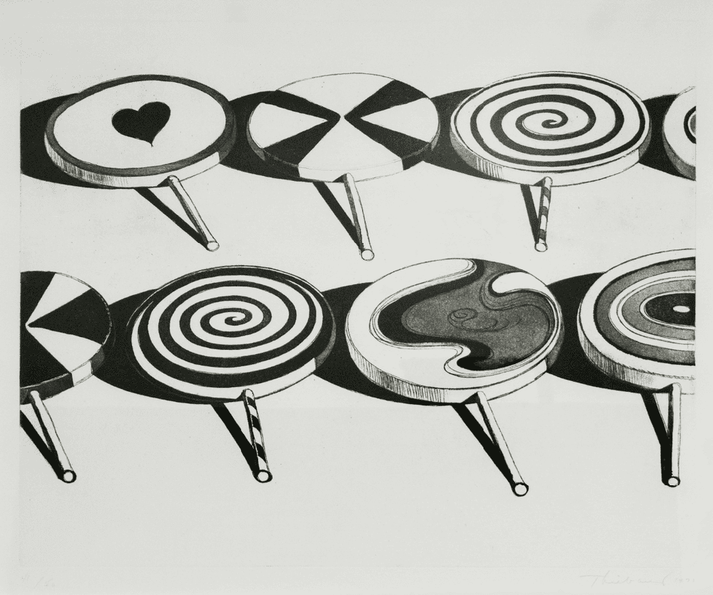 Wayne Thiebaud, ‘Black Suckers’, 1971, Print, Aquatint, Plate: 17 1/2 x 21 3/4 inches, null, Numbered