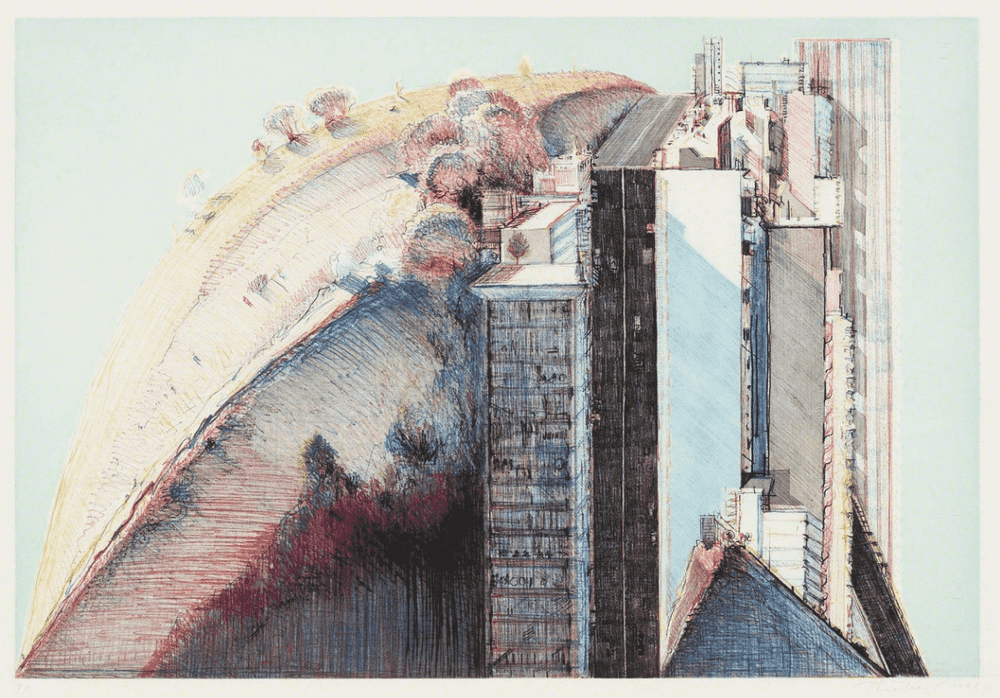 Wayne Thiebaud, ‘Country City’, 1988, Print, Etching and aquatint in colors on Somerset Satin paper, null, Dated
