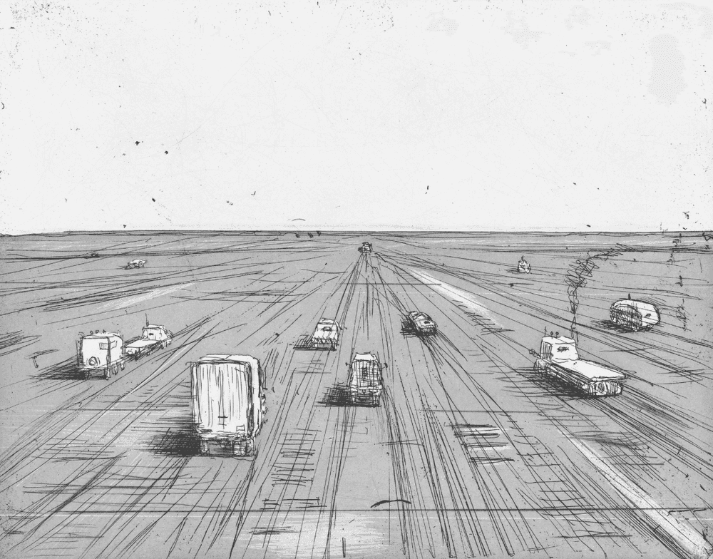 Wayne Thiebaud, ‘Travelers’, 2019, Print, Hard ground etching with aquatint and drypoint, Crown Point Press, Numbered