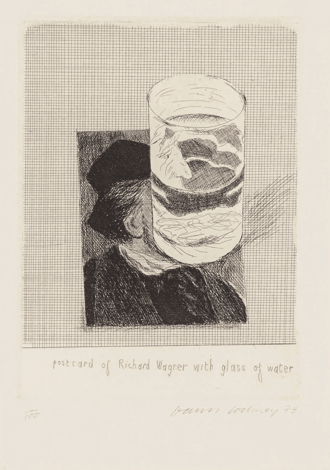 David Hockney, ‘Postcard Of Richard Wagner With A Glass Of Water’, 1973, Print, Etched work, null, Numbered