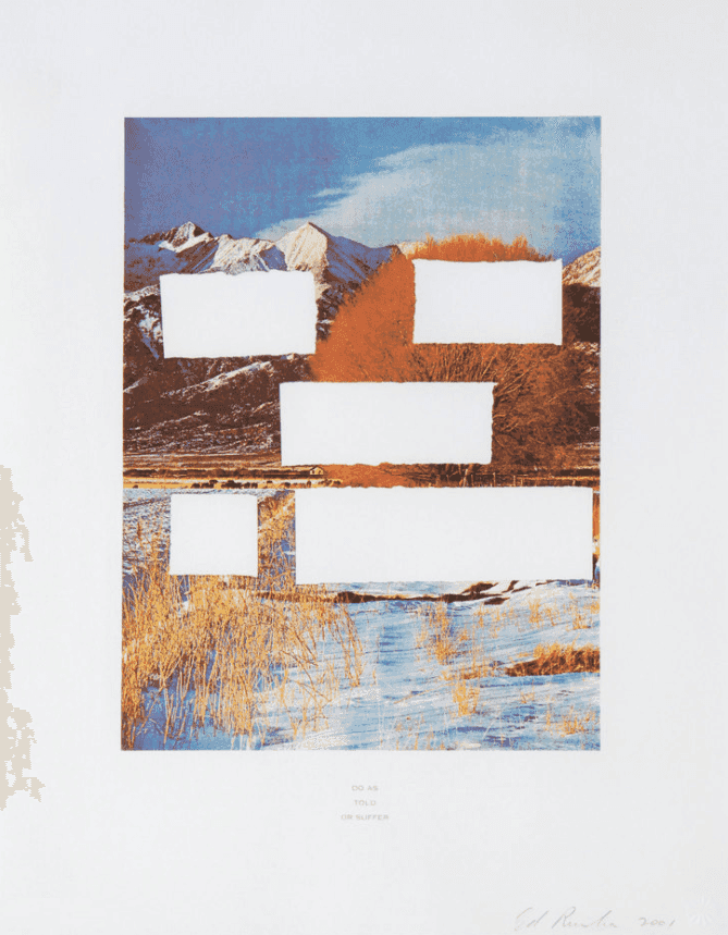 Ed Ruscha, ‘Country Cityscapes, Do As Told Or Suffer’, 2001, Print, 4-color photogravure with screenprinted text, Graphicstudio/USF, Numbered, Dated
