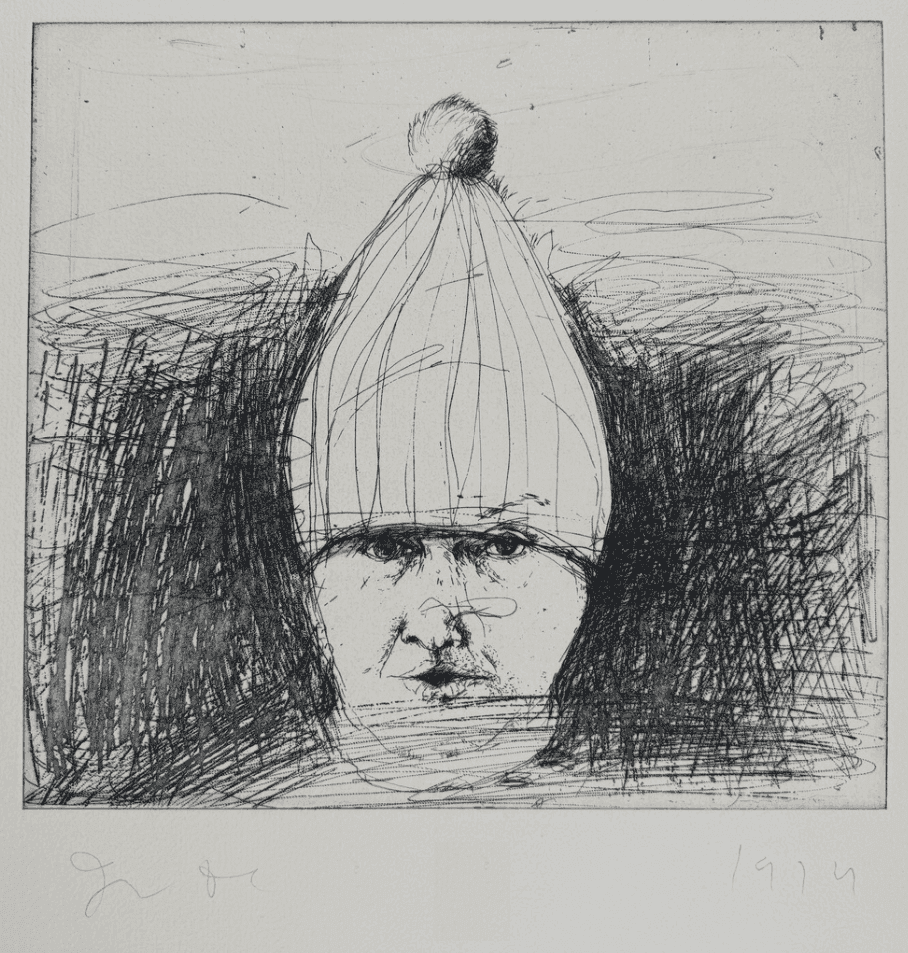 Jim Dine, ‘Self Portrait in a Ski Hat Unique Black and White’, 1974, Print, Etching from one copper plate printed in black on Apta 501 paper, Petersburg Press, Numbered, Dated