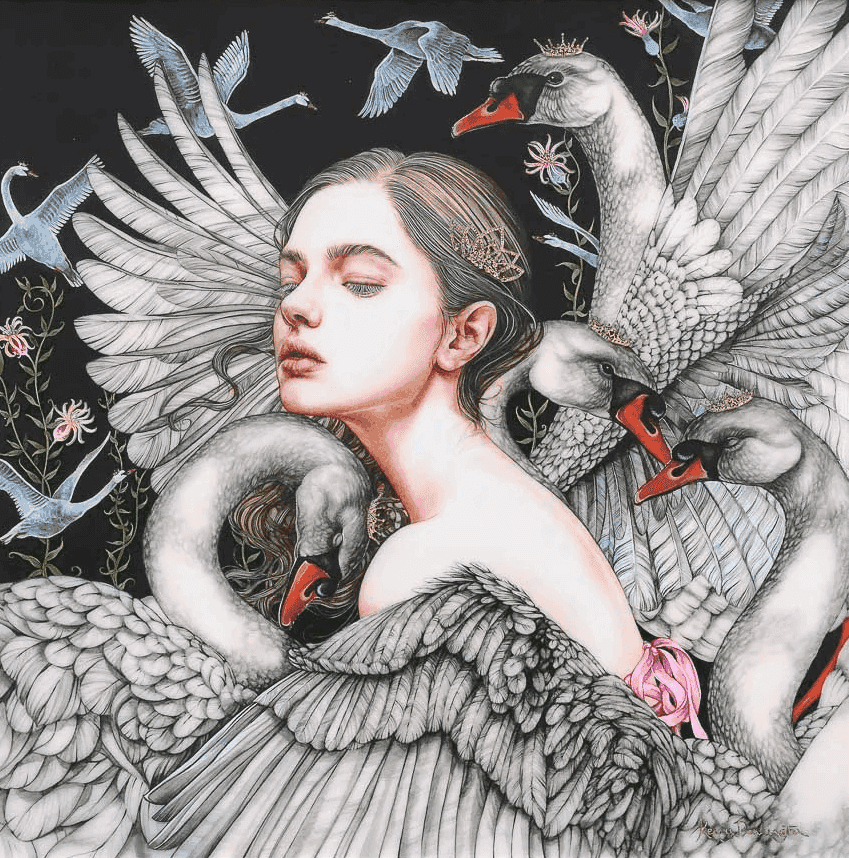 Kerry Darlington, ‘The Wild Swans’, 2024, Print, Original Hand Painted Mixed Media on fine art paper embellished with metallic leaf and finished with a paper varnish., null, Framed