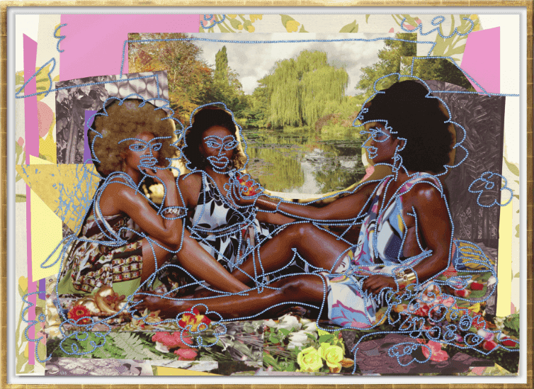 Mickalene Thomas, ‘Le Déjeuner sur l'herbe: les trois femmes noires avec jardin d'eau’, 2024, Print, 11-color screenprint and UV ink, embellished with 24k gold leaf and over 6'000 hand-applied Rhinestones in Somerset Satin Radiant White paper 500 gsm, null, Numbered, Framed