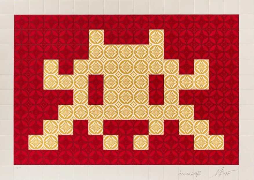 Shepard Fairey (Obey), ‘TT1-4 - Positive Space - Negative Space (Red - Cream)’, 2025, Print, Silkscreen print with embossing on cotton rag paper, null, Numbered, Framed