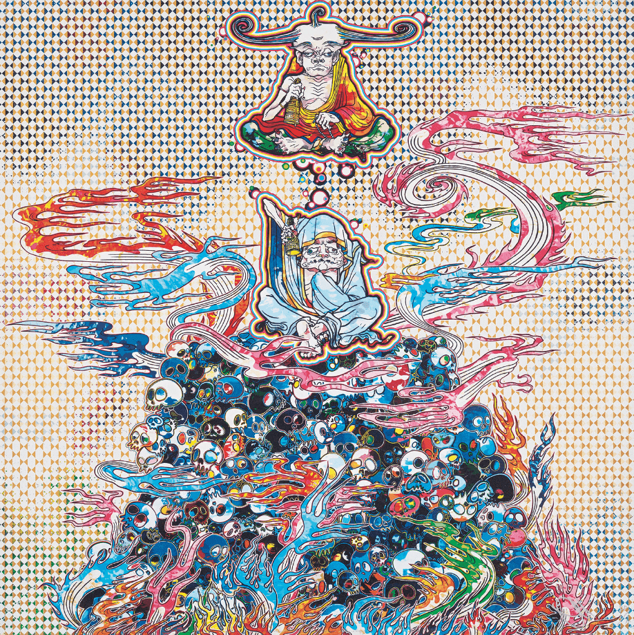 Takashi Murakami, ‘2 Arhats Meditating Amid the Hellfire of the Mound of the Dead’, 2013, Print, Offset lithograph in colours, on smooth wove paper, the full sheet.
, null, Numbered