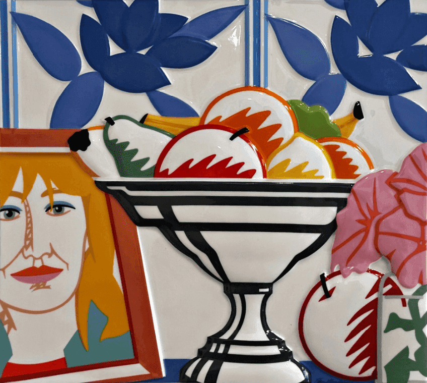 Tom Wesselmann, ‘Still Life with Fruit, Petunias and Claire’, 1988, Sculpture, Glazed porcelain sculpture mounted to gray panel, null, Numbered