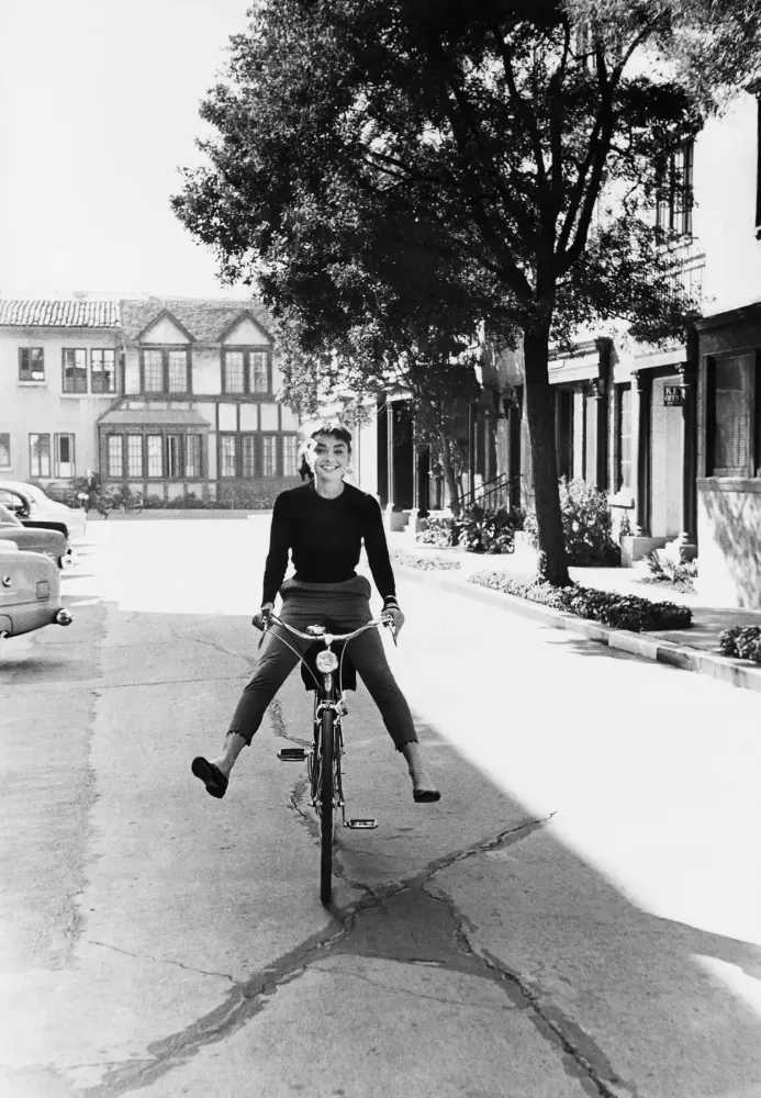 Mark Shaw, ‘Audrey Hepburn on Bicycle 1954 (Medium)’, 1953, Print, Pigment print on Hahnemϋhle photo rag paper, null,