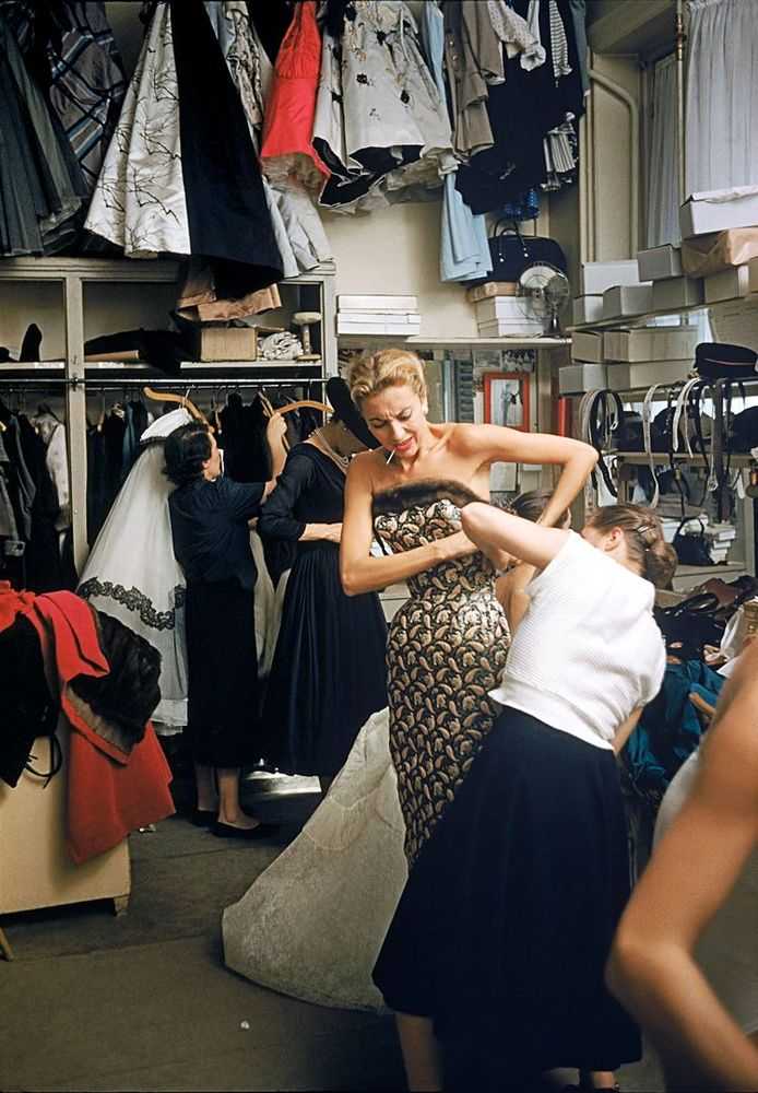 Mark Shaw, ‘Backstage Balmain Getting Zipped’, 1954, Print, Pigment print on Hahnemϋhle photo rag paper, null,