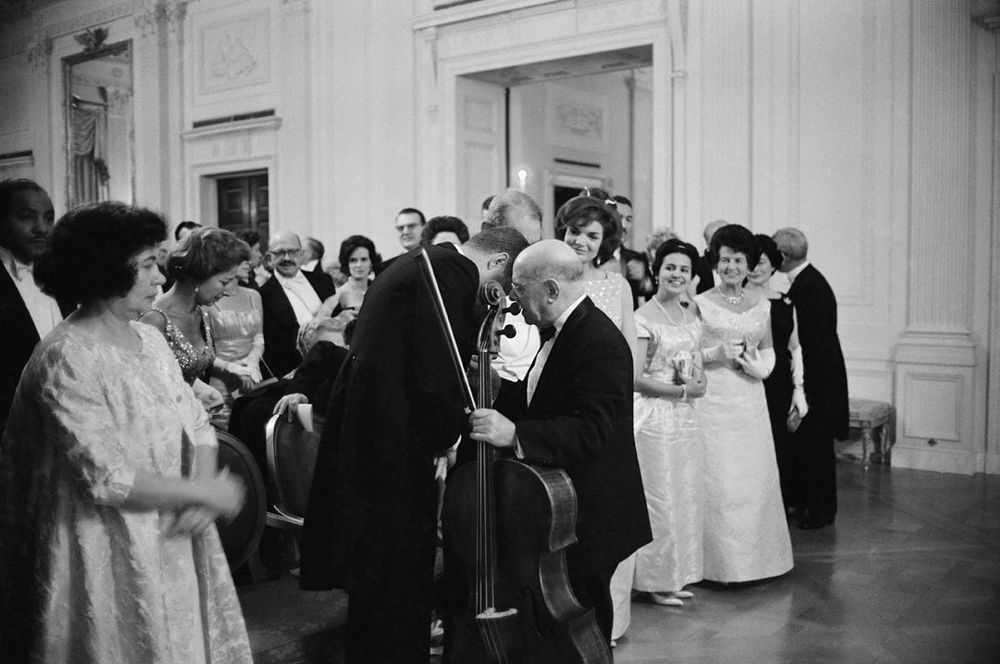 Mark Shaw, ‘Kennedy, John Talks to Pablo Casals at White House Concert, 1961’, 1961, Print, Pigment print on Hahnemϋhle photo rag paper, null,