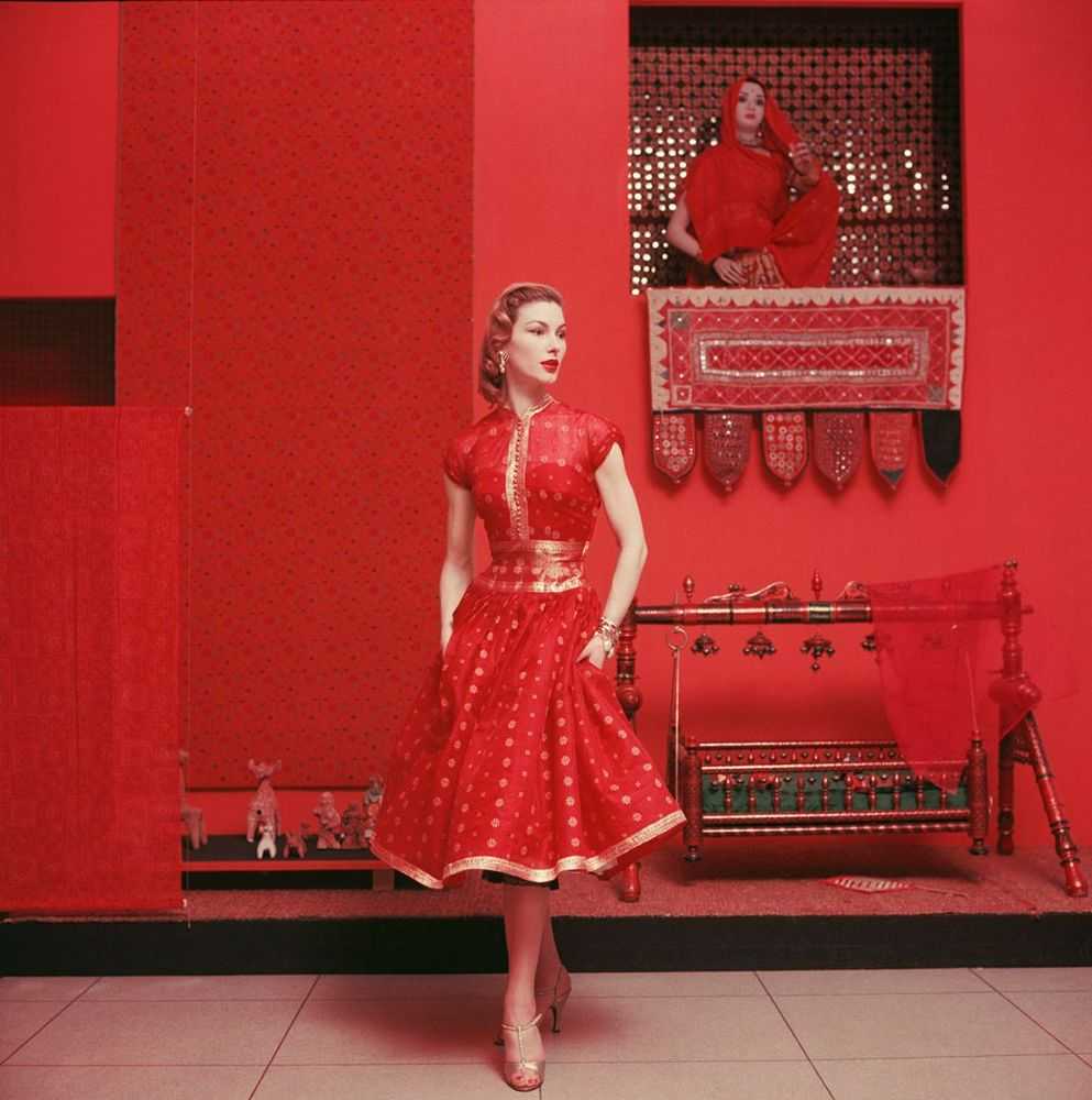 Mark Shaw, ‘Red Sari Dress in Red Room at Moma’, 1955, Print, Pigment print on Hahnemϋhle photo rag paper, null,