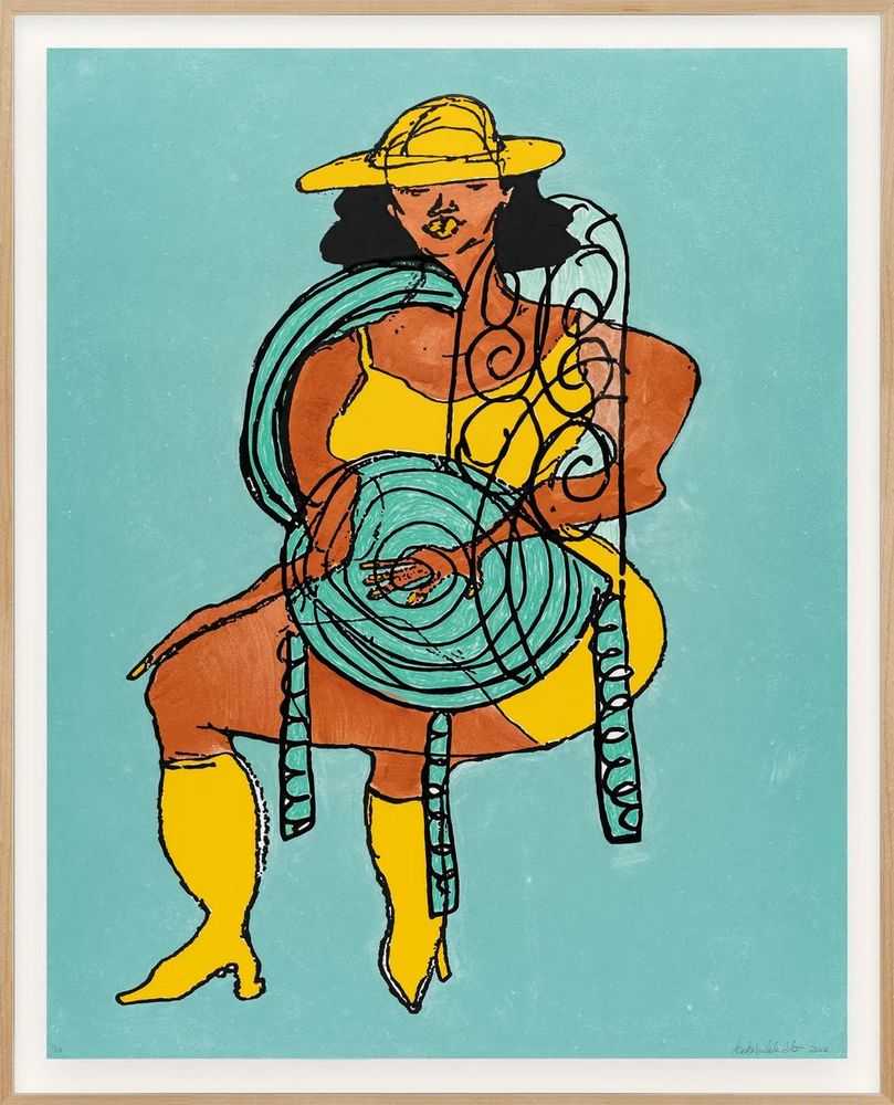 Tschabalala Self, ‘Lady in Yellow on Spiral Seat #2 Teal Background’, 2022, Print, Full bleed, 21-colour silkscreen with hand-cut edges, printed with oil-based poster and enamel ink on 425gsm Saunders Waterford paper, Avante Art, Numbered, Dated, Handfinished, Framed