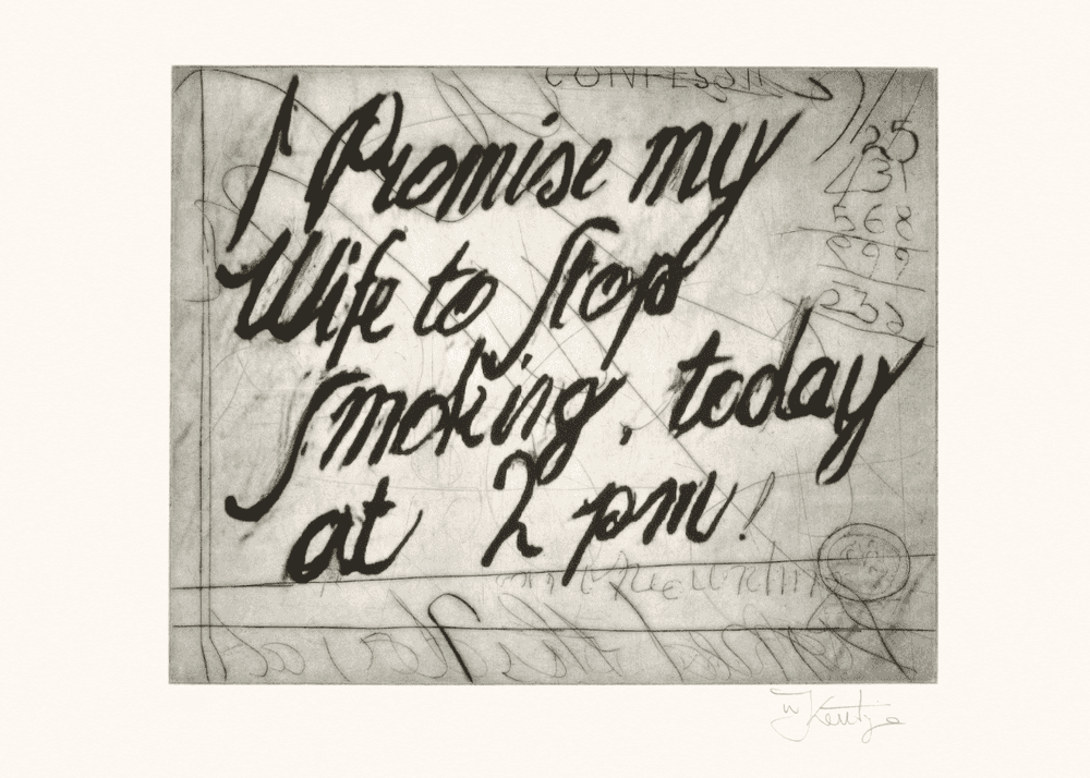 William Kentridge, ‘Zeno Writing: I Promised My Wife to Stop Smoking’, 2002, Print, Photogravure with drypoint and burnishing, null, Numbered