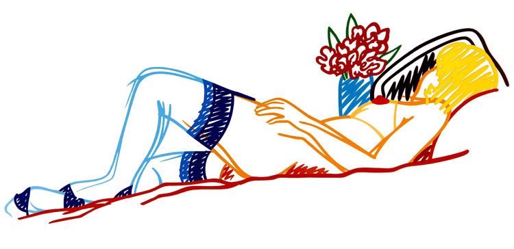 Nude with Bouquet and Blue Stockings